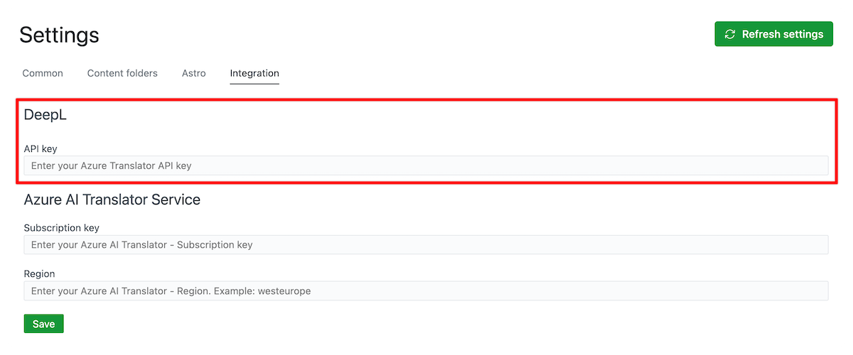 DeepL Authentication Key Configuration